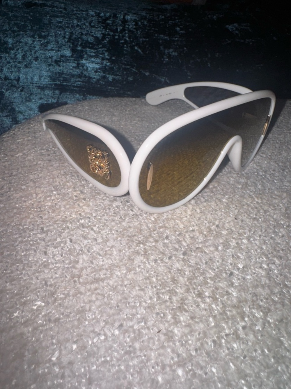 Loewe White Shield Sunglasses with Brown Gradient Lenses and Gold Emblem